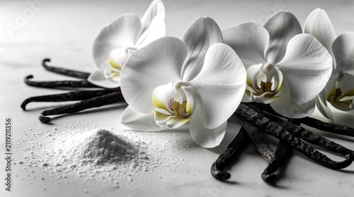 White orchids bloom near vanilla pods and powder on marble surface. Ingredients for baking or perfume creation arranged for still life photography. Natural beauty and aroma.