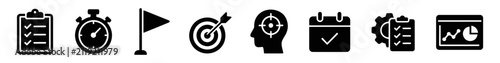 Set of black business and productivity icons including checklist, stopwatch, flag, target, focus, calendar, gears, and chart symbols on transparent background