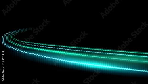 Dynamic glowing light lines forming an abstract strips background with neon teal curves on black