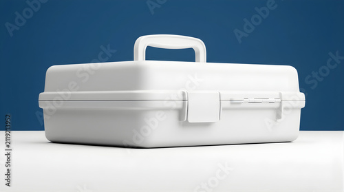 Closed White Hard Case Briefcase With Handle and Clasp on a Blue Background Studio Shot