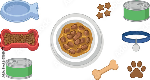 Domestic pet accessories icon collection featuring canned food bone treats dog dish cat bowl collar with tag and kibble elements vector graphic