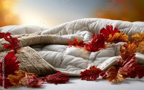 Cozy warm knit sweater and soft quilt with vibrant autumn leaves in golden sunlight
