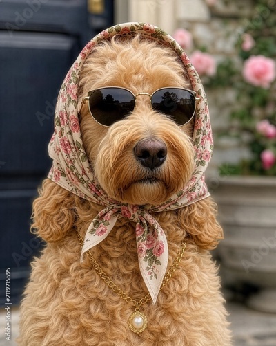 Golden doodle wearing a floral scarf and sunglasses