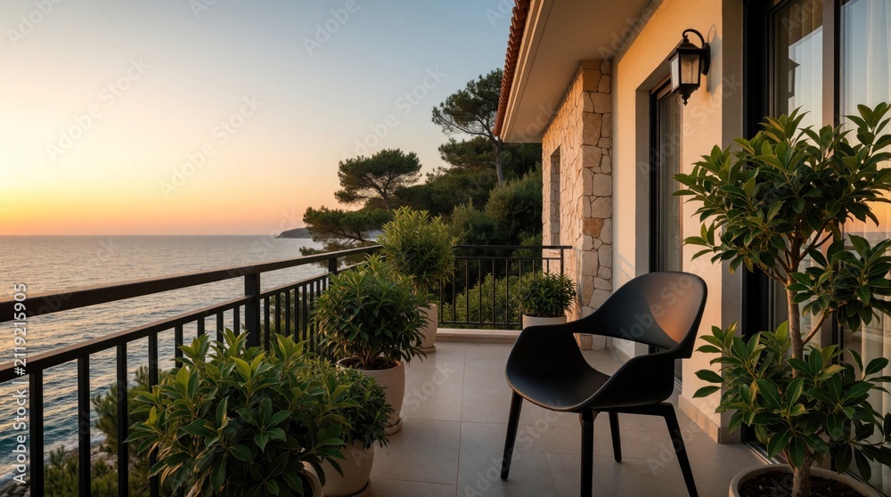 Obraz premium Modern balcony view of sea at sunset with green plants, stylish black chair. Outdoor terrace area potted plants for comfort. Residential home overlooks ocean water in peaceful summer evening. Travel