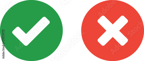 Foto Green check mark and red cross symbols on white background