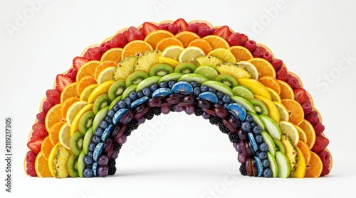 3D Rainbow Fruit Slice Arrangement Isolated on White Background, Colorful Fresh Citrus and Tropical Fruits