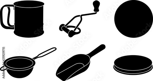 Obraz na płótnie Flour Sifter and Baking Preparation Tool Vector Icon Set with Strainer Scoop Cra