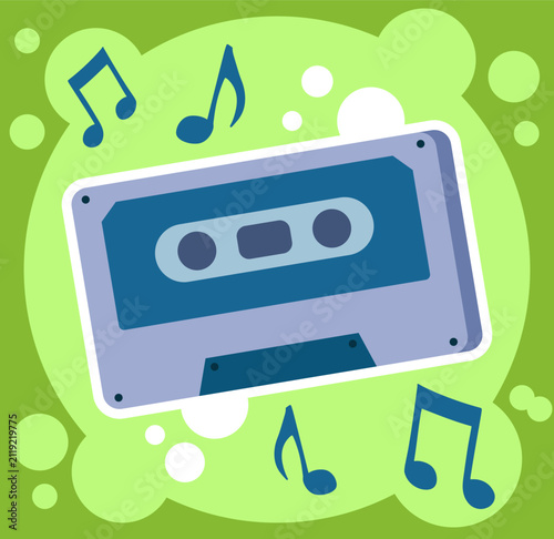 Retro audio cassette tape with musical notes illustration