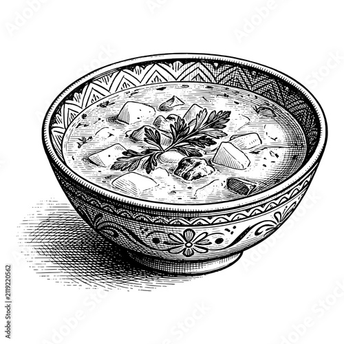 Detailed hand-drawn illustration of a Finnish Lohikeitto soup bowl