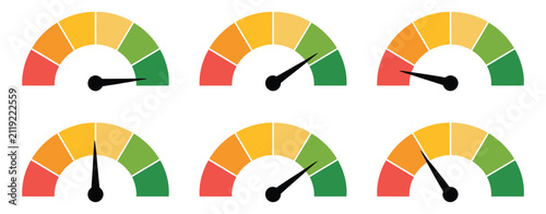 Speedometer Gauge icon set, performance meter scale symbols, speed dial dashboard indicators, measurement level UI design, acceleration tracking and automotive instrument vector illustration.