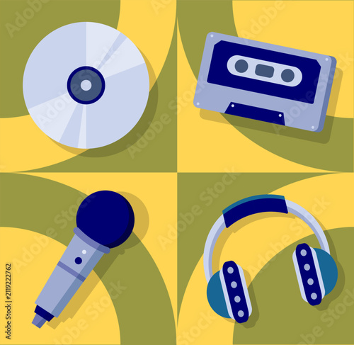 Music equipment icon set with CD cassette tape microphone and headphones illustration