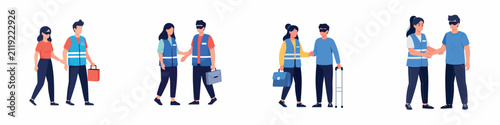Volunteer assisting blind and visually impaired people set of flat vector illustrations. Concept of accessibility social support and inclusion for disabled individuals.