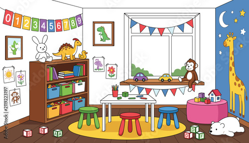 Canvastavla Colorful children's playroom interior illustration with a toy shelf, table, stoo