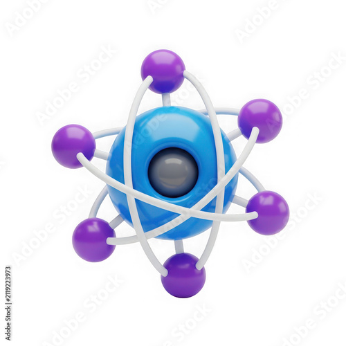3d rendered atom with a blue core and purple electrons in orbit