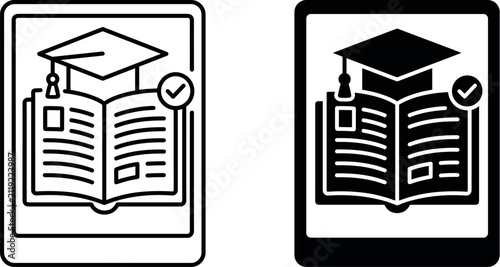 Education and learning icon with graduation cap on open book on tablet.