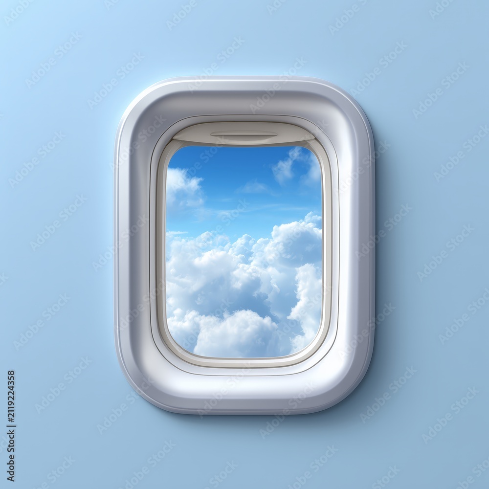 Obraz premium View from an airplane window showcasing a vibrant blue sky filled with fluffy white clouds during a scenic flight
