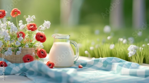 Fresh milk jug with red flower bouquet and green blurred garden background