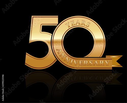Anniversary date 50 years. Golden stylized congratulation in the rays of fireworks and reflections. Idea for a banner, badge or label. Sticker for a festive gift