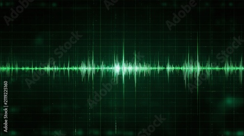 Vibrant Green Audio Waveform Displayed on a Dark Grid Background, Illustrating Sound Frequencies and Digital Signal Processing for Technology Concepts