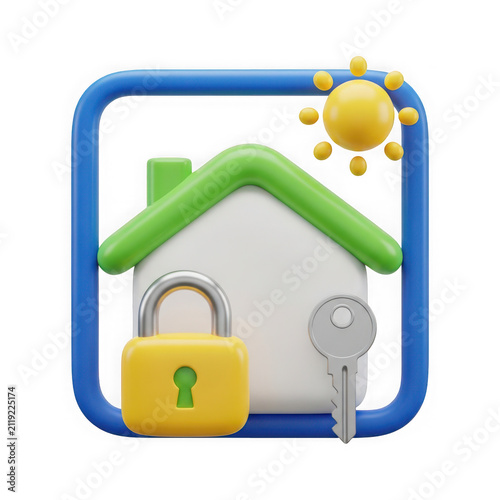 3d rendered house icon with a keyhole and a sun shining on the roof