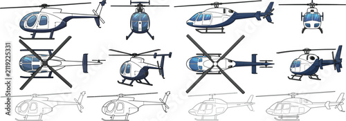 Helicopter vector illustration set, modern helicopter in top, side, front and rear views. Technical aircraft drawing for aviation, engineering, transportation and emergency service design