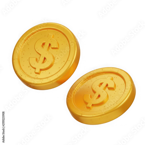 3d rendered image of two gold coins with dollar sign on each coin