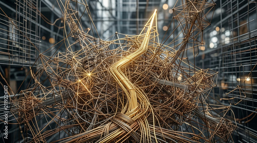 Abstract network of glowing wires and cables, digital connections, technological chaos