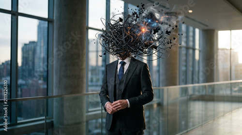 Business Man With Exploding Technologic Head Concept