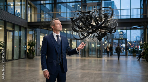 Businessman controlling abstract data sculpture in modern office atrium
