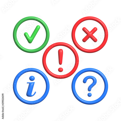 A set of 3D buttons. Buttons with a question mark, an information button, an agreement button, and a negative button. A set for websites, apps, and creative design