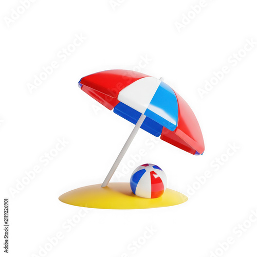 3d rendered vibrant beach scene with colorful umbrella and ball
