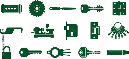 Locksmith tools and door hardware accessories green silhouette icon set.