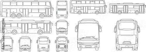 CAD bus vector set, architectural vehicle drawings, top side front and rear view buses and minibuses, AutoCAD transportation symbols for site plans, parking layouts and urban planning