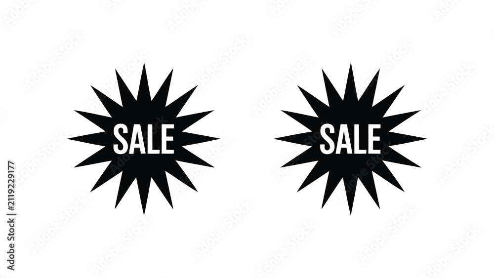 Fototapeta premium Sale starburst icon set — two identical black promotional shapes with bold white SALE text in center, attention-grabbing advertising design for discount, clearance, and retail marketing campaigns