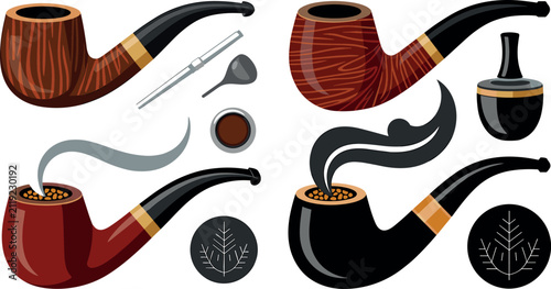 Quadro su tela Vintage Wooden Smoking Pipe Vector Set with Briar Texture, Tobacco Bowl, Smoke P