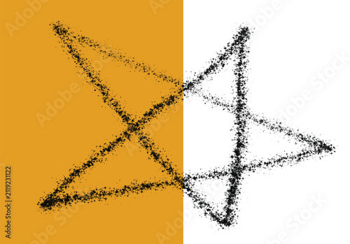 A large star shape formed by scattered black particles and tiny four-pointed stars, set against a split mustard yellow and white background
