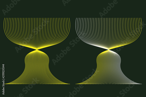 Two goblet shapes formed by parallel yellow and white lines on a dark green background, abstract linear