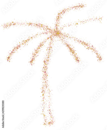 Palm tree silhouette formed by sparkling gold and rose gold glitter particles, isolated on a white background