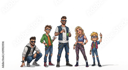 Stylish young men in casual streetwear, cartoon illustration