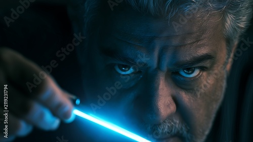 Prompt: A portrait of a focused physician. His surgical scalpel is made of a laser-thin, brilliant blue beam of pulsar radiation that lights up his intense eyes. Shot on Phase One XF IQ4, f/4.0, 