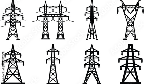 Foto Set of high voltage electrical transmission towers and pylon silhouettes for ind