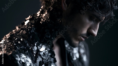 Prompt: A portrait of a tensed man looking down. His spine and neck are lined with heavy, jagged matte black crystalline star fragments that absorb all ambient light. Shot on Phase One XF IQ4, 