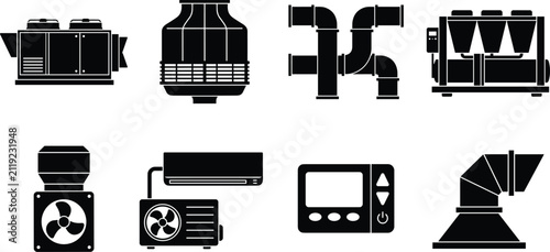 Fotografie HVAC system silhouettes featuring air handling units, cooling towers, chillers,
