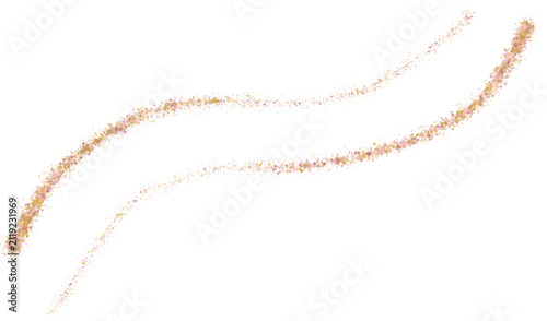 Two flowing, curved ribbons of sparkling gold and pink star-shaped particles and glitter dots isolated on a white background