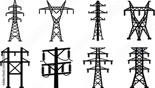 Foto Set of high voltage electricity transmission towers and industrial power pylons