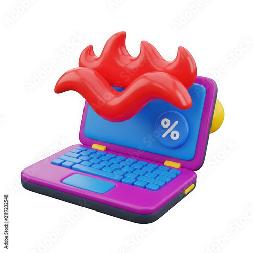 3d rendered laptop with fire and percentage sign on the screen