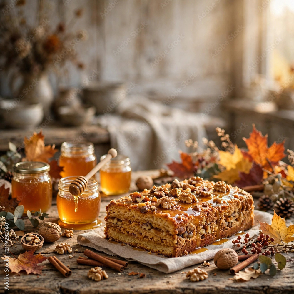 Fototapeta premium Rustic Honey Walnut Cake with Jars of Honey and Autumn Leaves on Wooden Table