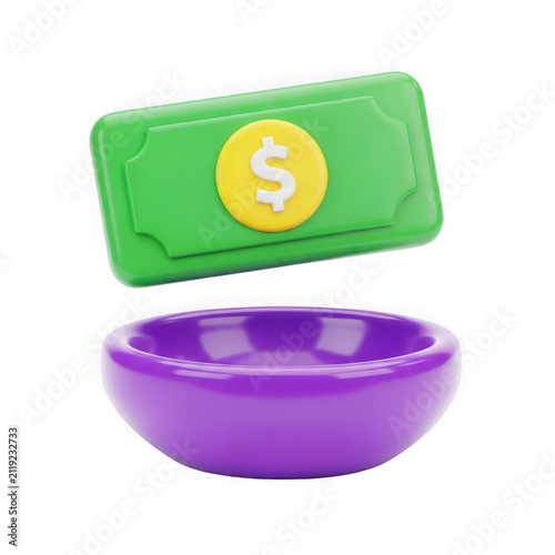 3d rendered image of a green dollar sign floating above a purple bowl