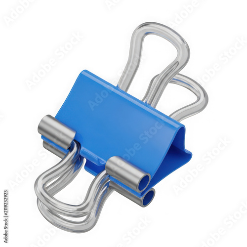 3d rendered close-up view of a blue binder clip with a metallic finish