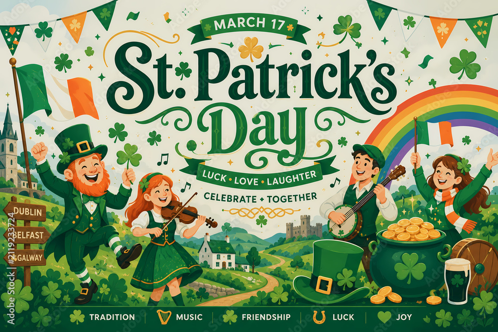 Fototapeta premium A vibrant St. Patrick's Day celebration with people playing music and dancing.